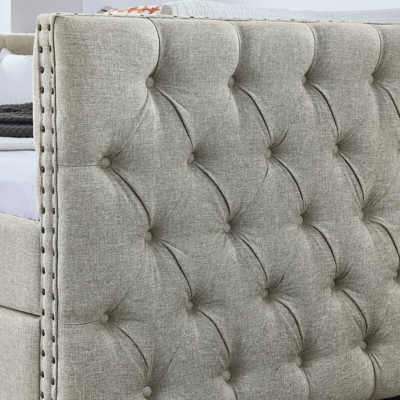Full Size Daybed - Linen Upholstered Daybed with Storage,Button and Copper Nail