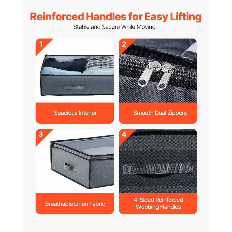 Grey Fabric Under-Bed Storage Bag 90L Foldable with Double Zipper and PVC Top 6 Pack - 39.2 x 19.7 x 7.1 inch