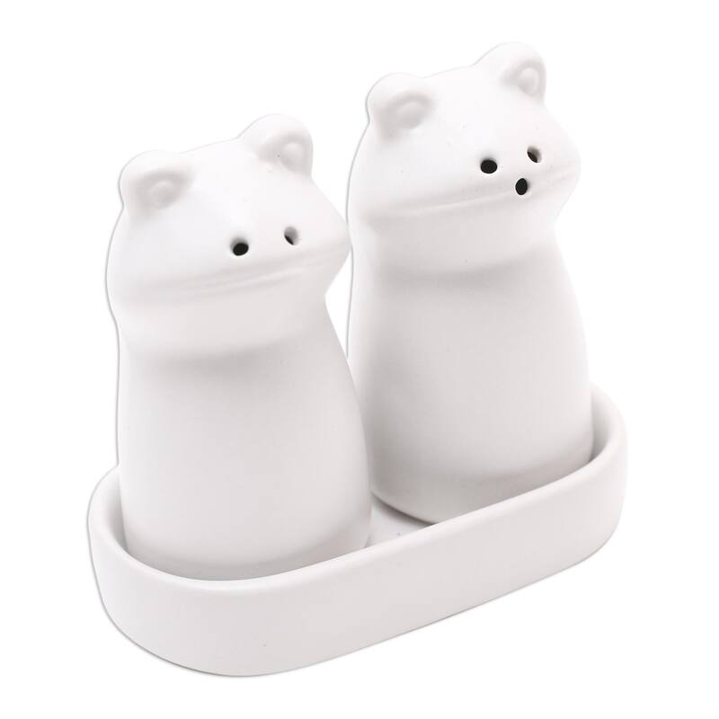 Novica Handmade Fanciful Frogs In White Ceramic Salt And Pepper Set