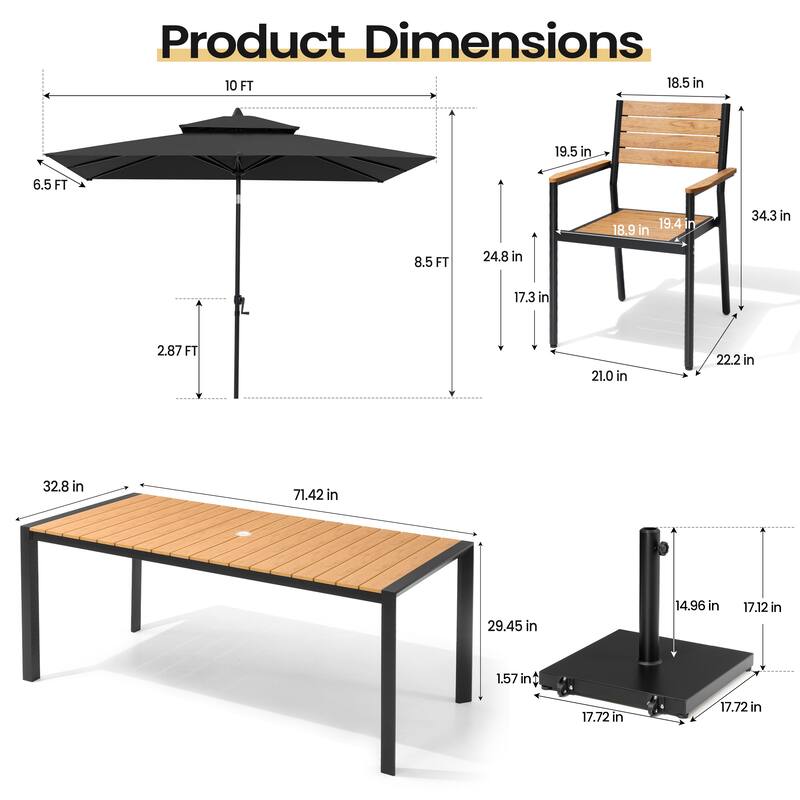 9-PCOutdoor Patio Dining Set Wood Like Aluminum Umbrella Hole Table with Stackable Armchairs, Market Umbrella and Wheel Base