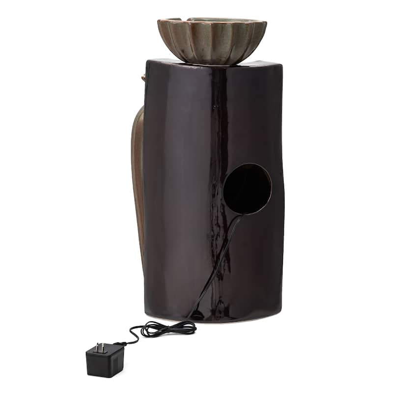 Glitzhome 26.75"H 3-Tiered Fluted Texture Ceramic Outdoor Floor Fountain with LED Lights