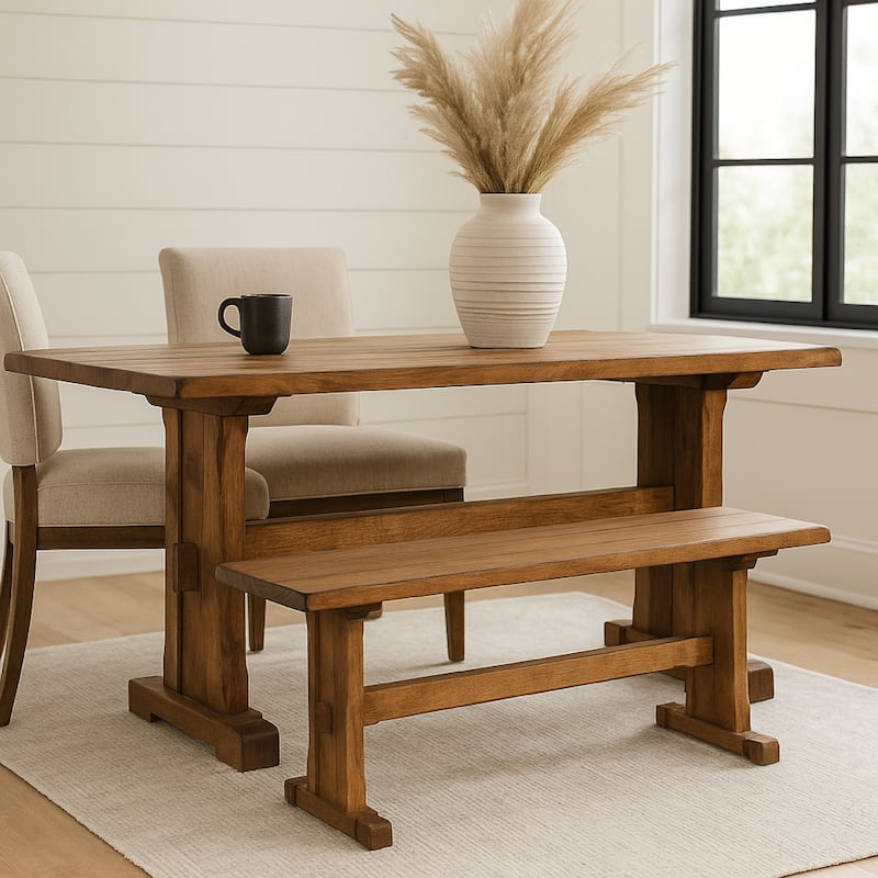 Marv Dining Bench, Trestle Base, Light Brown Mindi Wood 46 Inch