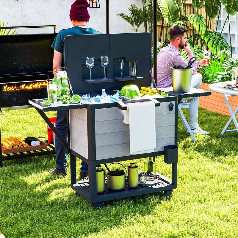 Patio Cooler Cart with Swivel Casters, Folding Lid, Bottle Opener, Towel Rack, Foldable Side Tables - 37" L x 22" W x 33.9" H