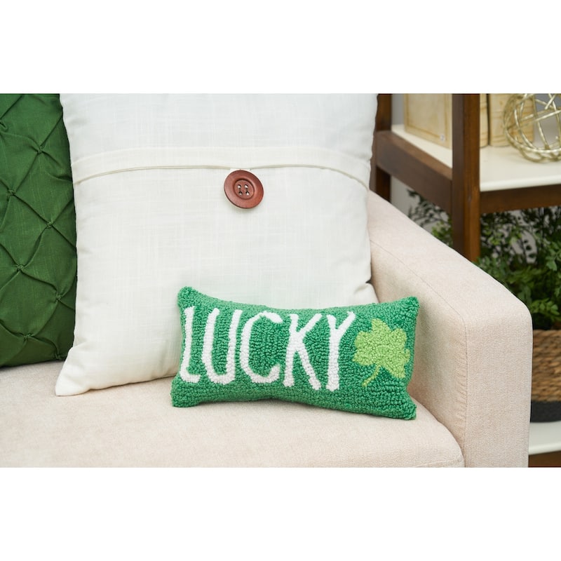 St. Patrick's Day "Lucky" 3 Leaf Clover Hooked Mini Accent Pillow 6" x 12"