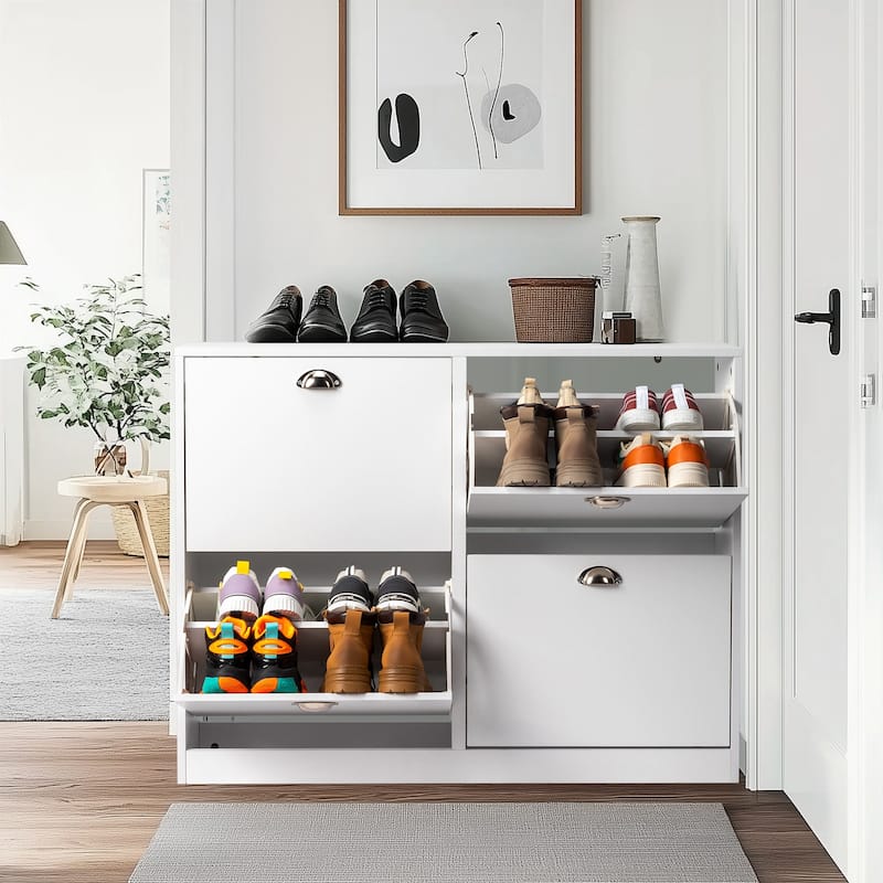 White Shoe Cabinet with 8 Large Drawers and Adjustable Storage Rack for Entryway and Hallway - 40.16”W x 9.84”D x 30.91”H