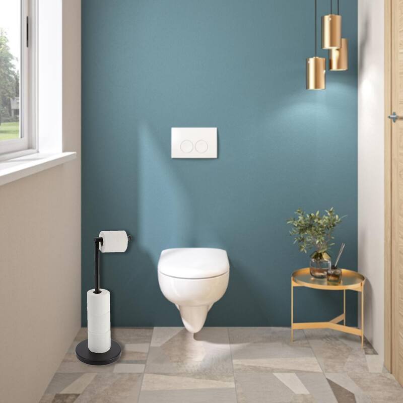 Sleek Toilet Paper Holder with Folding Arm and Reserve Compact Freestanding Metal Holder - Diameter 8 inches X 22" H