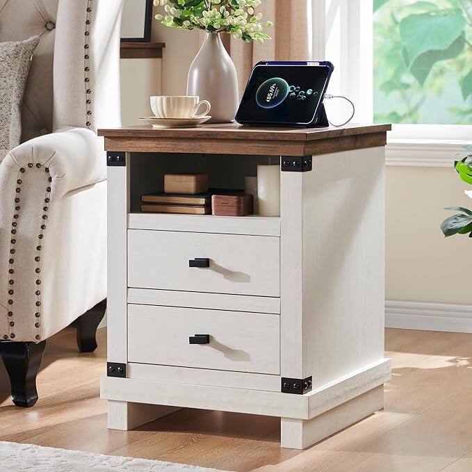 18" Farmhouse Nightstand with Charging Station, Night Stand, End Table - Antique White