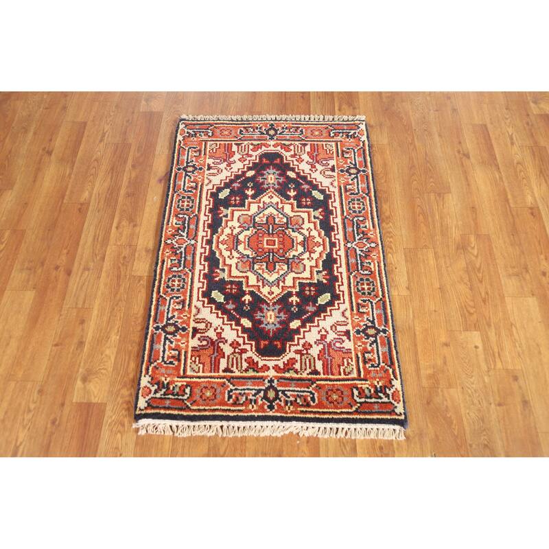 Hand Knotted Oriental 100% Wool Carpet Traditional Medallion Navy Blue & Blues Heriz (serapi) Area Rug - 3' 0'' X 2' 0''