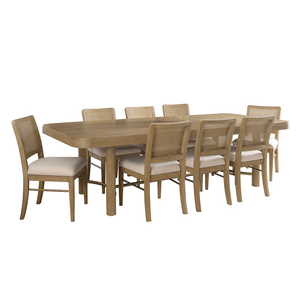 9-piece Wooden Dining Table Set with Extension Leaf in Sand Wash and Beige