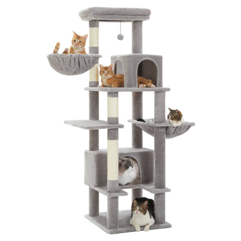 66" Cat Tree, Cat Tower with Sisal-Covered Scratching Post, Super Large Metal Hammock and 2 Big Condos