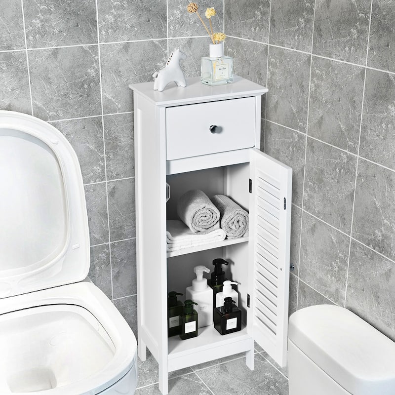 Gymax Bathroom Floor Storage Cabinet Side Wooden Organizer w/ Drawer & - See Details
