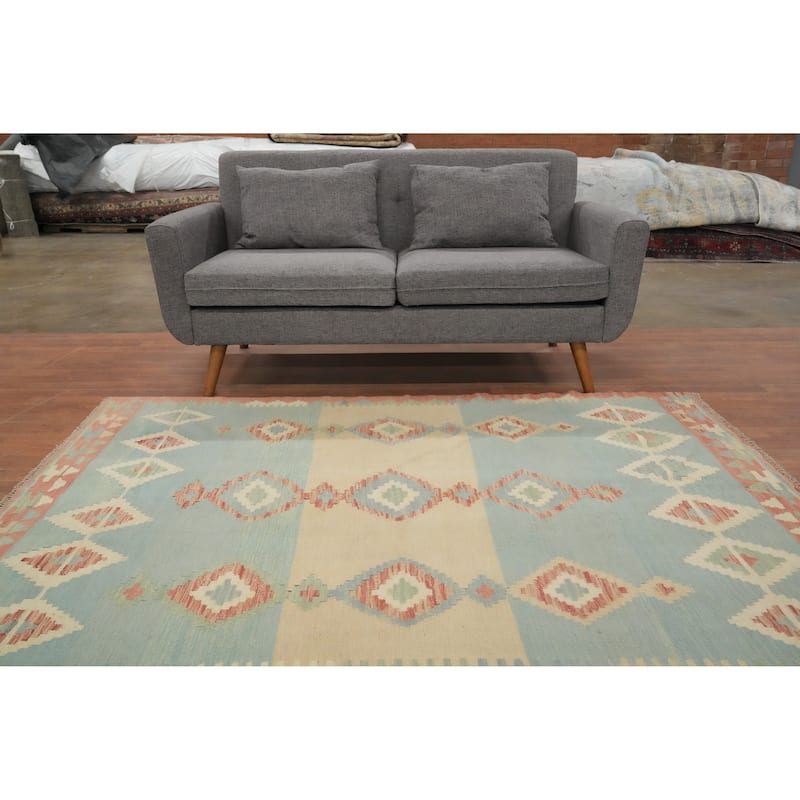 Hand Woven Oriental 100% Wool Carpet Southwestern Tribal Navy Blue & Blues Kilim Area Rug - 6' 8'' X 4' 10''