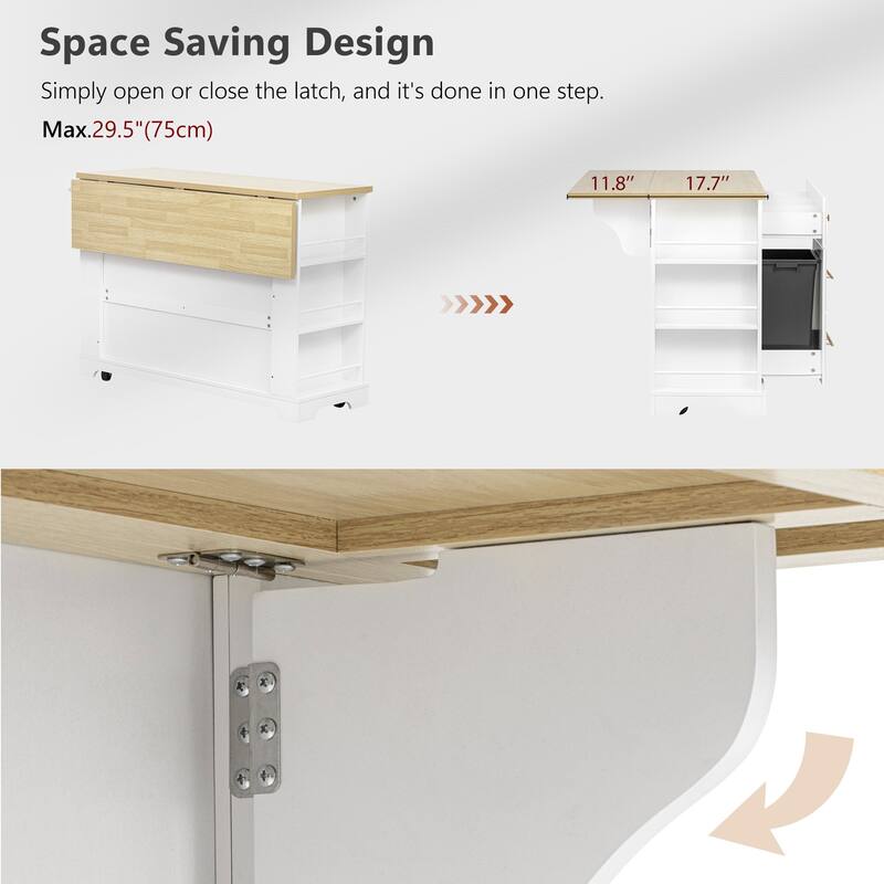 Kitchen Island with 6 Drawers, Pull Out Trash Can Storage, with Drop Leaf, Power Outlet, 5 Open Side Racks