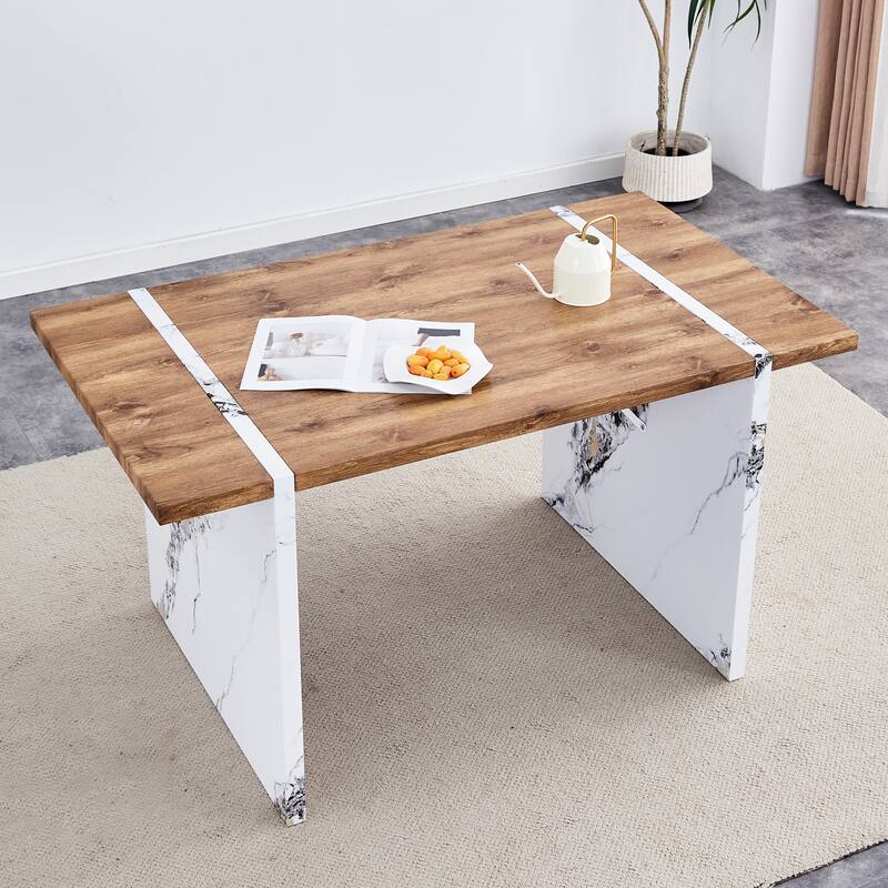 Natural Wood Grain Mdf Dining Table,Wood Textured Desktop,Marble Patterned Table Legs