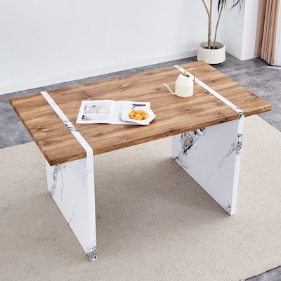 Natural Wood Grain Mdf Dining Table,Wood Textured Desktop,Marble Patterned Table Legs