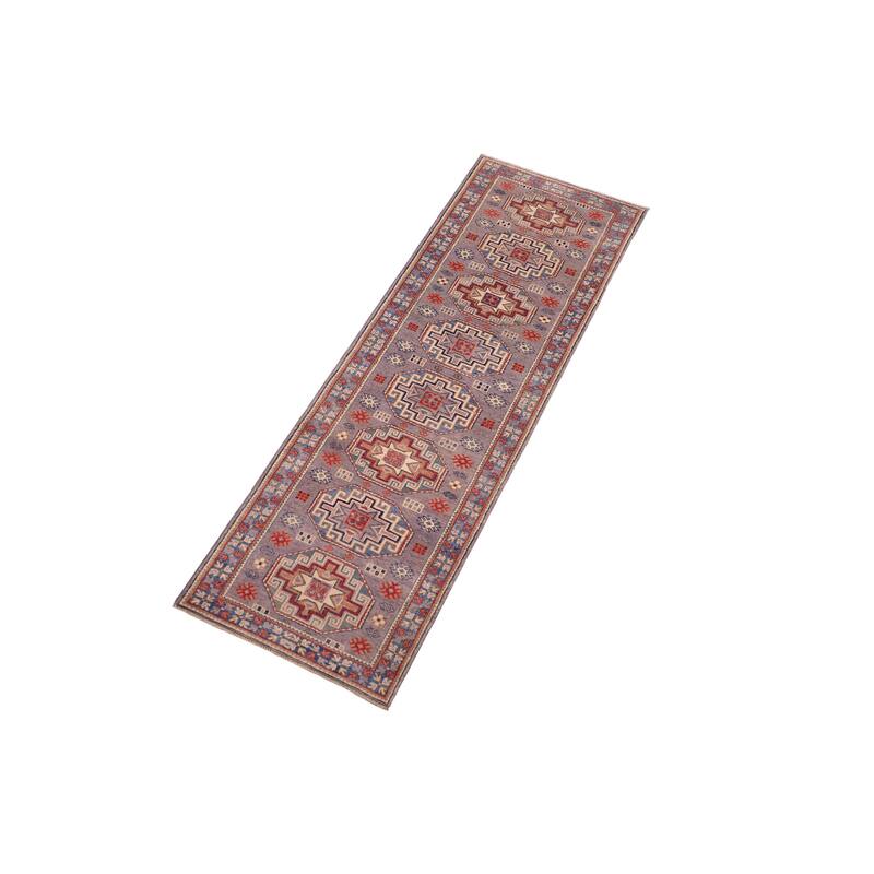 Southwestern Kazak Riley Gray/Light Blue Wool Runner - 2'7'' x 9'9''