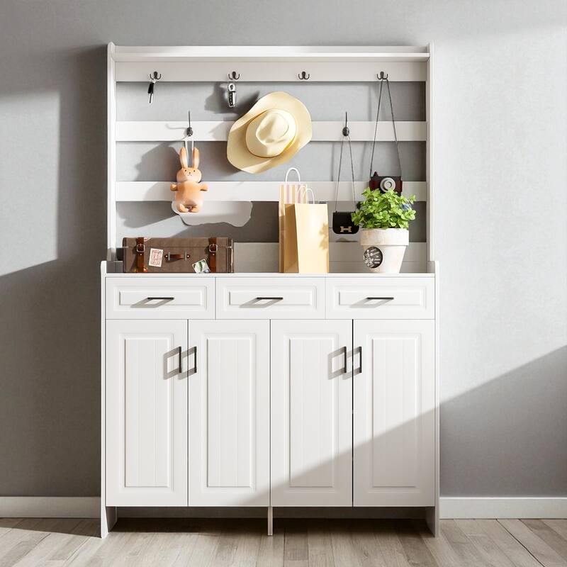 51.2" Hallway Shoe Cabinet with Coat Rack, 4 Doors, 3 Drawers, 8 Shelves & Metal Hooks - White