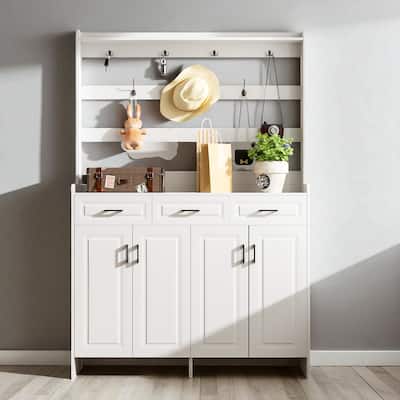 51.2" Hallway Shoe Cabinet with Coat Rack, 4 Doors, 3 Drawers, 8 Shelves & Metal Hooks