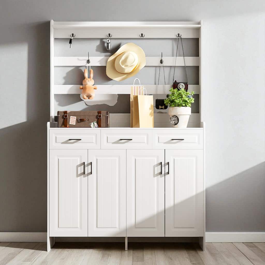 51.2" Hallway Shoe Cabinet with Coat Rack, 4 Doors, 3 Drawers, 8 Shelves & Metal Hooks