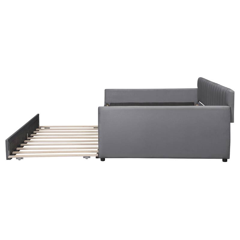 Full Size Upholstered daybed with Trundle and Wood Slat Support, Gray