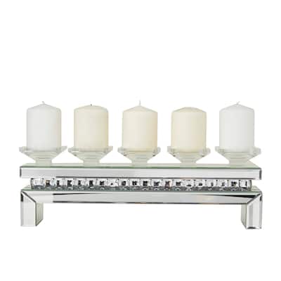Wooden Pillar 5 Plate Candelabra with Mirrored Accents - Silver - Roche River Decor - 4"W x 20"L x 7"H