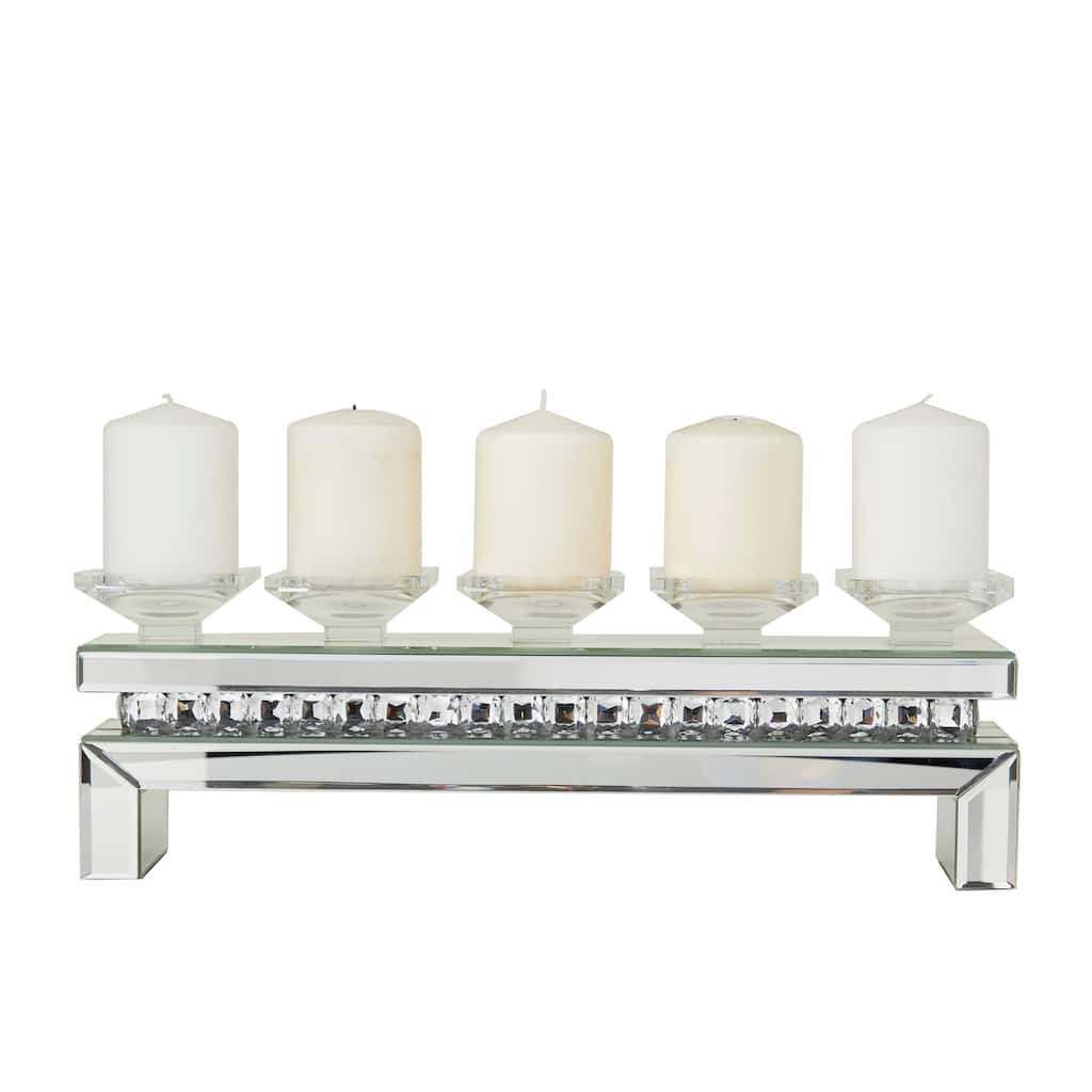 Wooden Pillar 5 Plate Candelabra with Mirrored Accents - Silver - Roche River Decor - 4"W x 20"L x 7"H