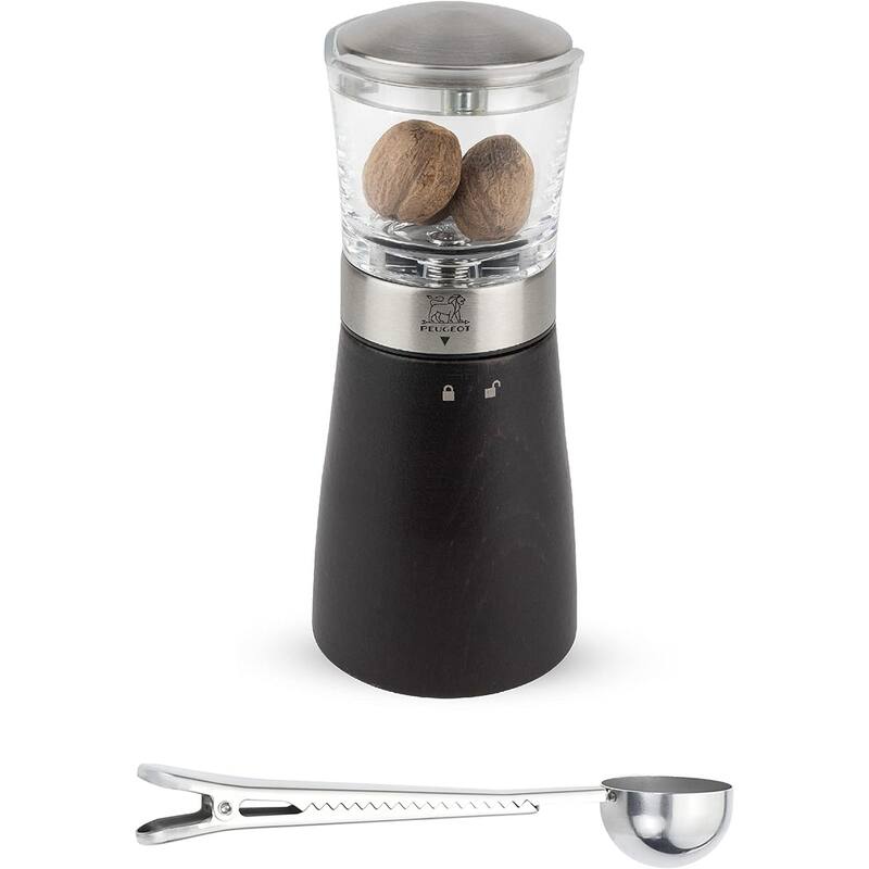 Madras Manual Nutmeg Mill - Spice Grinder - Stainless Steel Gift Set - With Stainless Steel Spice Scoop & Clip (Black Beachwood) - Black - 2 Piece