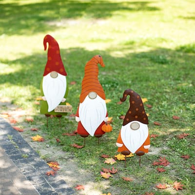 Glitzhome Set of 3 Fall Metal Gnome Family Yard Stake Standing Sign Hanging Decor for Thanksgiving