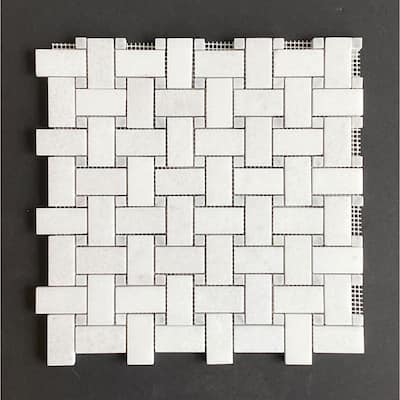 1 x 2 Thassos White Basketweave with Grey Dot Marble Mosaic Tiles - Case (10 Sheets)