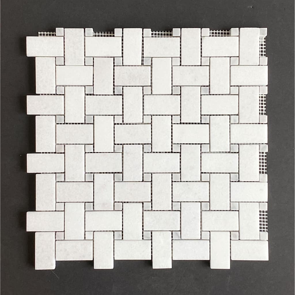 1 x 2 Thassos White Basketweave with Grey Dot Marble Mosaic Tiles - Case (10 Sheets)