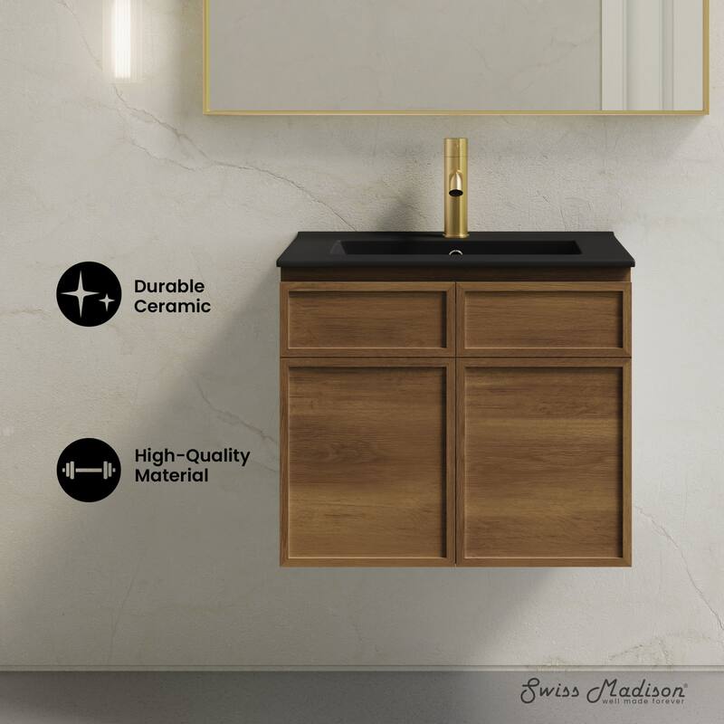 St. Tropez 24" Wall-Mounted Bathroom Vanity In Brown Oak With Black Sink Top - 24