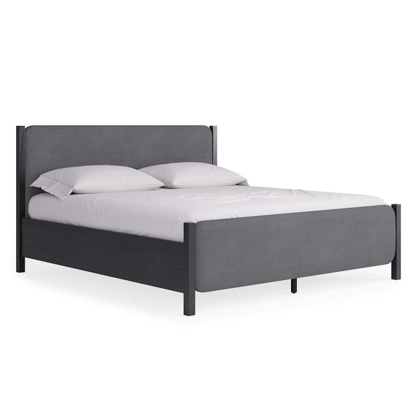 Cave King Bed Velvet Upholstery Square Posts Gray Mahogany Mahogany Wood