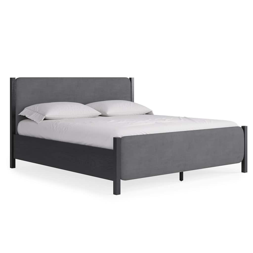 Cave King Bed Velvet Upholstery Square Posts Gray Mahogany Mahogany Wood
