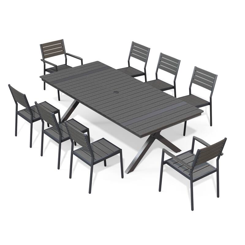 9/11PC Aluminum X Frame Outdoor Patio Dining Set Umbrella Hole Table with Stackable Chairs - N/A