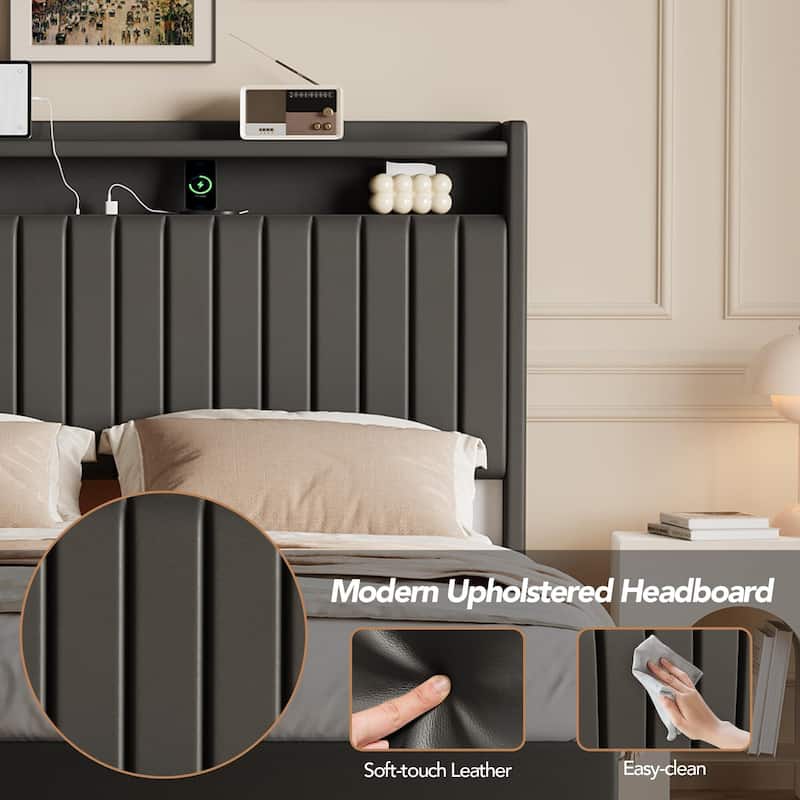 Floating Bed Frame, with LED Lights & Charging Station