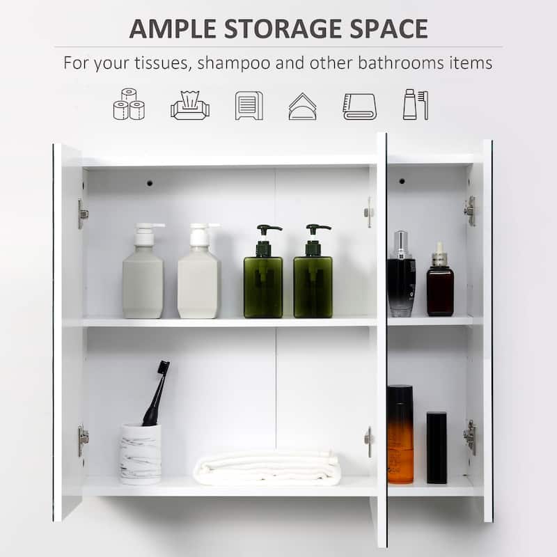 White MDF Glass Wall Mounted Bathroom Mirror Cabinet with Adjustable Shelf - 27.6" W x 5.9" D x 23.6" H