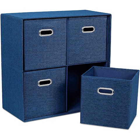 BirdRock Home Navy Linen Cube Organizer Shelf with 4 Storage Bins - Collapsible Bedroom Fabric Shelves and Cubes