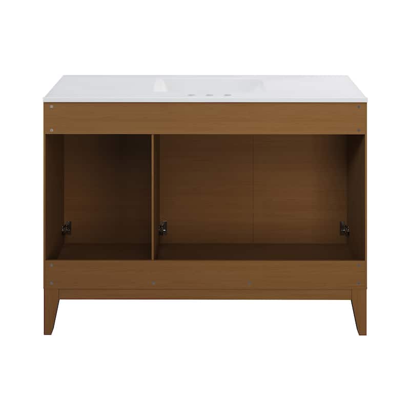 Cascade 48 In. Brown Oak Bathroom Vanity With White, 3-Hole Ceramic Sink Top