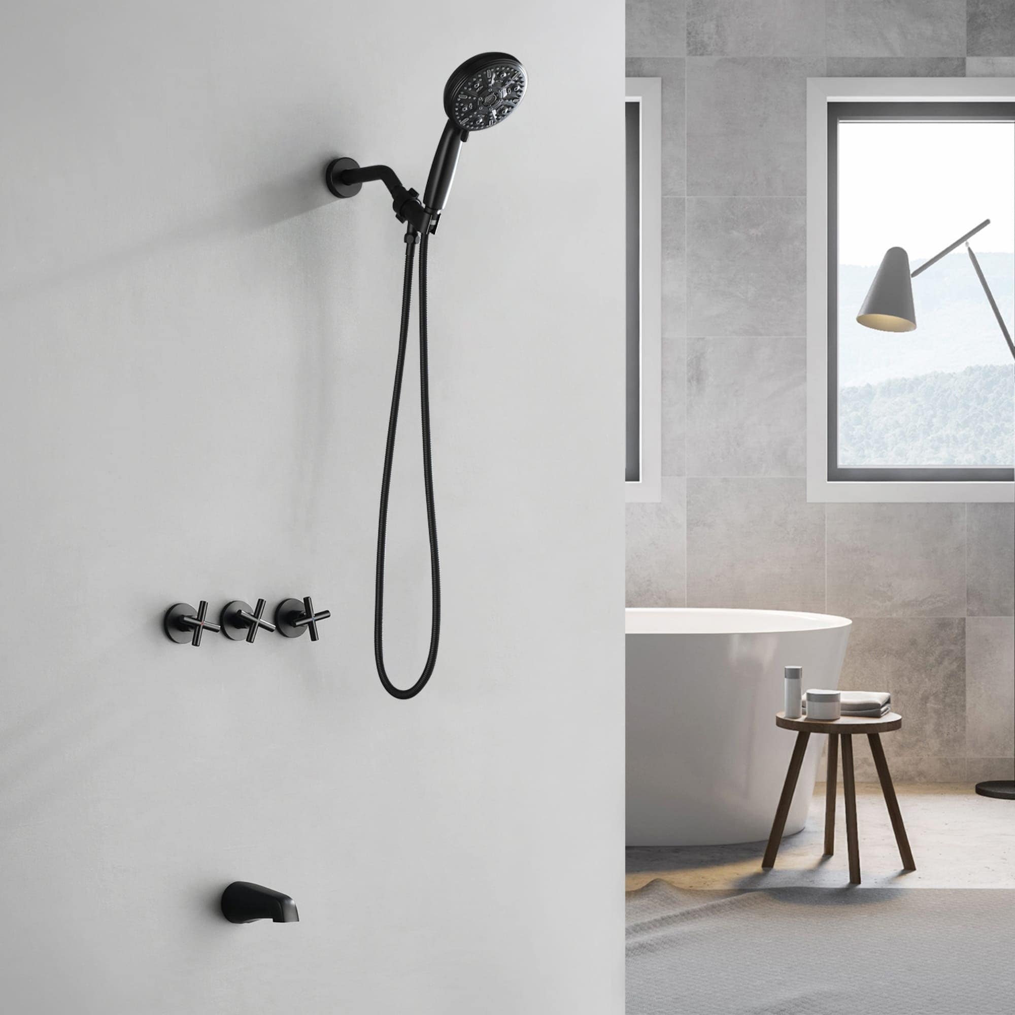 Wall Mount Shower System With Tub Spout 3 Handle Shower Faucet Set With Rough-In Valve