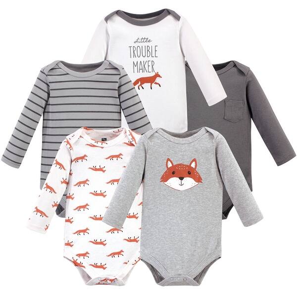 slide 1 of 1, Hudson Baby Infant Boy Cotton Long-Sleeve Bodysuits 5pk, Little Fox 0-3 Months - Little Fox 5-Pack