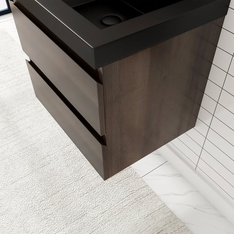 24/30/36 inch Wall-Mounted Bathroom Vanity Set in Grey Oak with Integrated Black Resin Sink