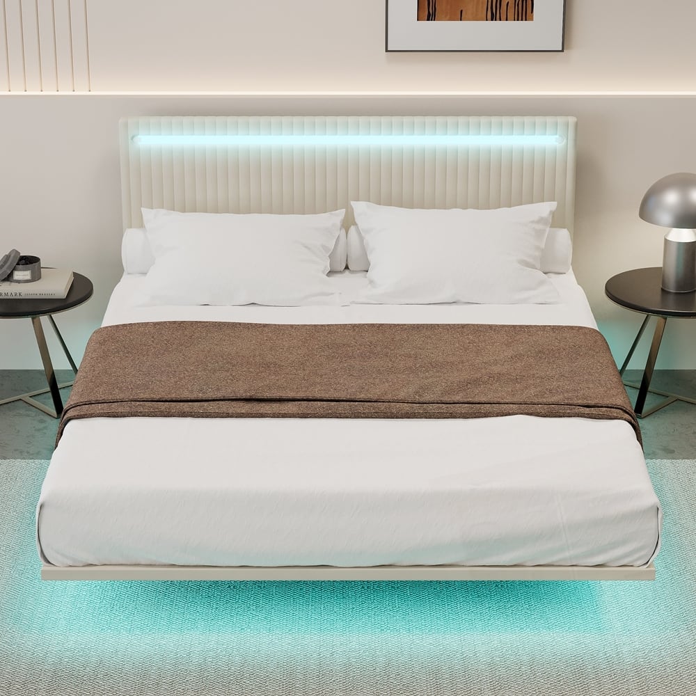 Modern Upholstered Floating Bed Frame with LED Lights Velvet Fabric Bed