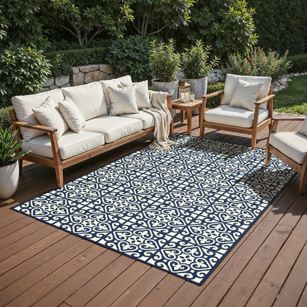 Style Haven Marianna Two-Tone Tile Navy/ Off-White Loop Pile Indoor Outdoor Rug