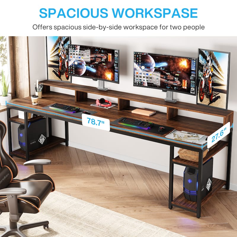 78.74"L Two Person Computer Desk with Monitor Stand