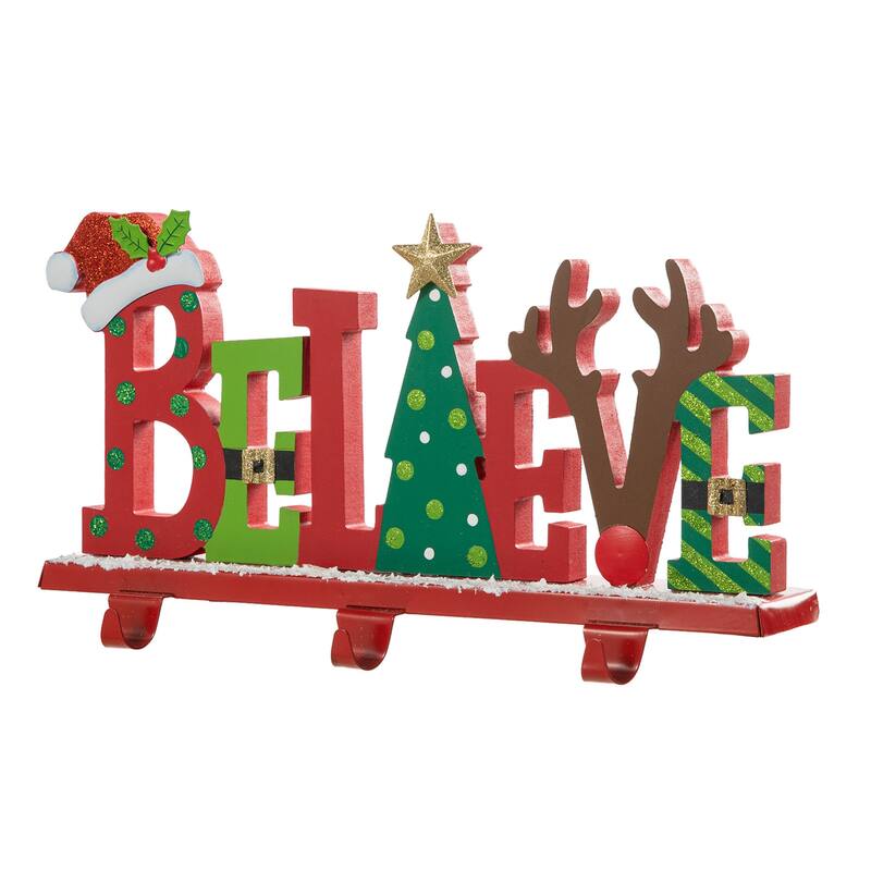 Glitzhome 7.75" H Wooden/Metal BELIEVE Christmas Stocking Holder Mantel Ornament