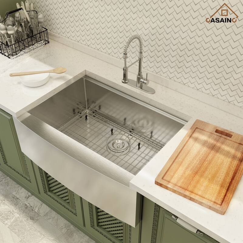 Farmhouse/Apron-Front Single Bowl 18 Gauge Brushed Stainless Steel Workstation Kitchen Sink with Accessories