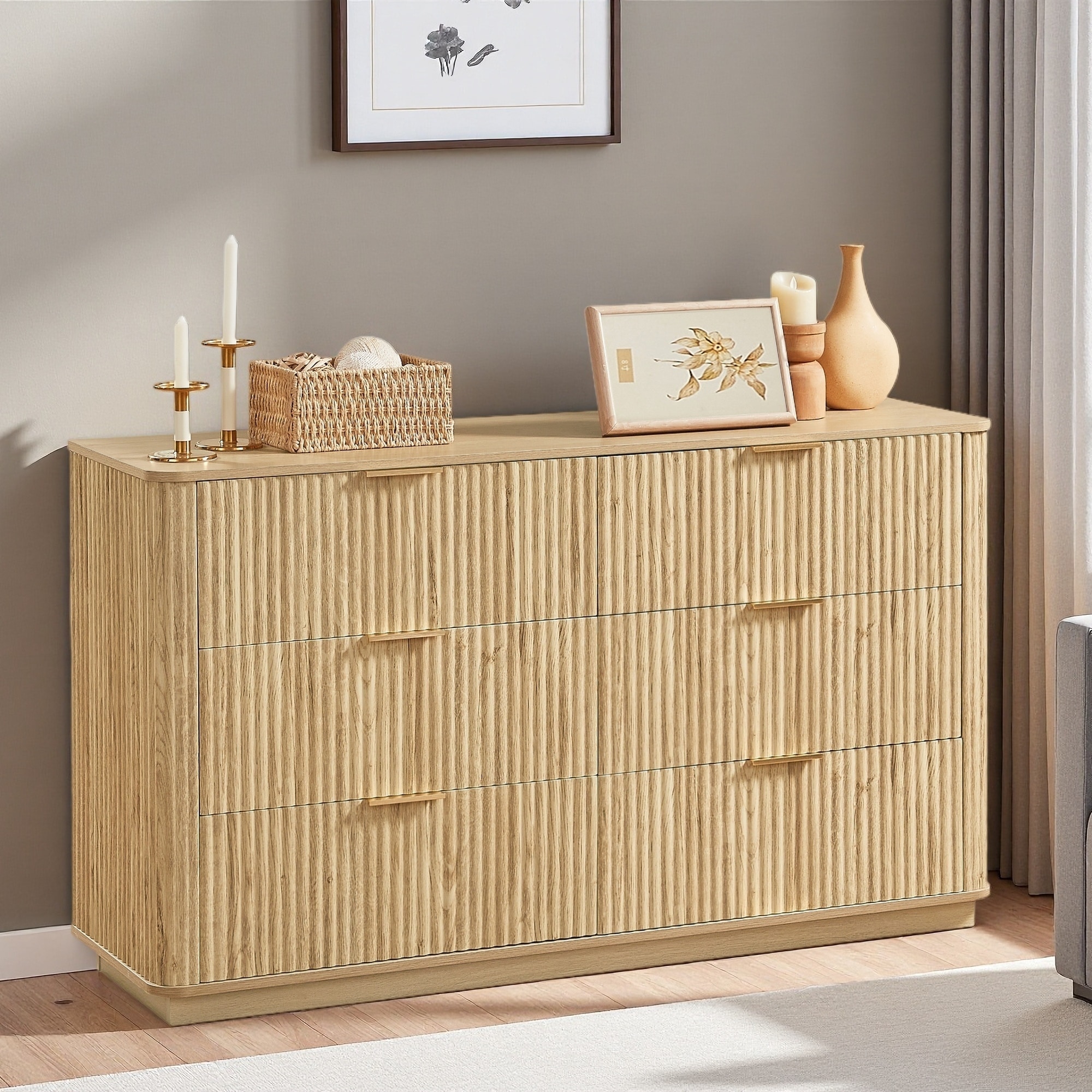 55" 6-Drawer Dresser with Curved Wave Design, P2 MDF, Textured Panels, Easy Assembly, Organizer