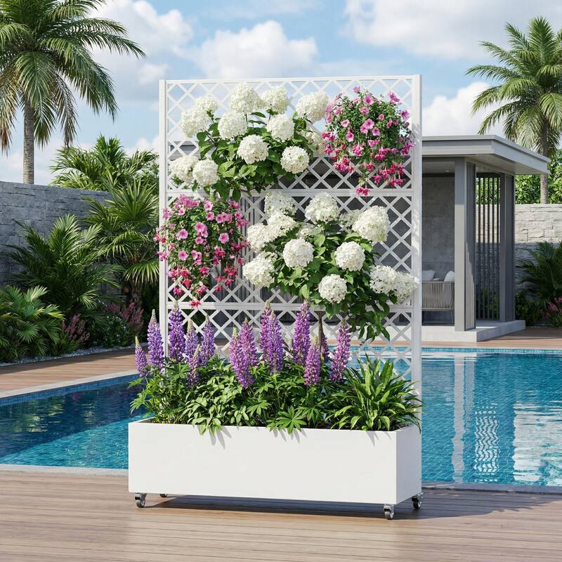 Raised Garden Bed Planter with Trellis Movable Planter Box with Lockable Wheels