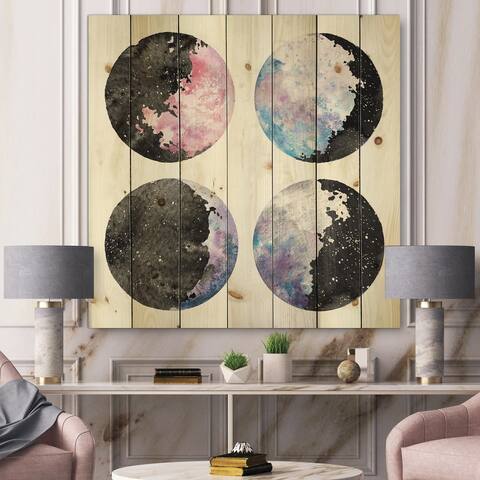 Designart 'Moon Phases With Stars and Sky' Bohemian & Eclectic Print on Natural Pine Wood