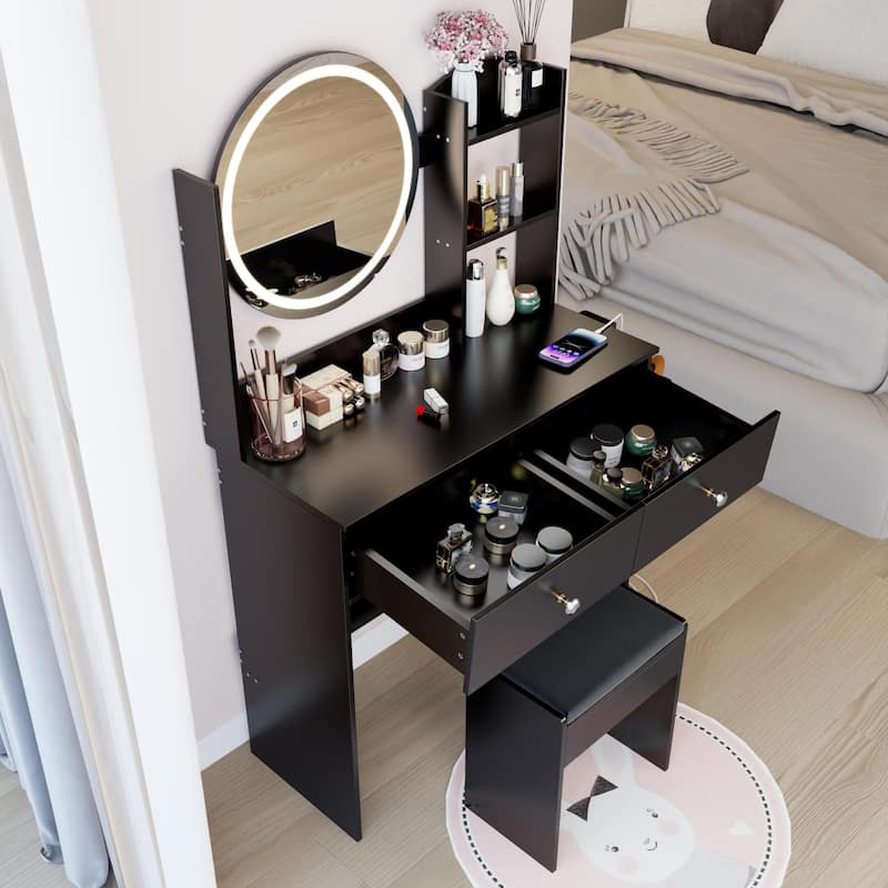 Vanity Desk with Adjustable LED Lighted Mirror, Makeup Vanity Table Set, Dresser Table with Power Outlet, Shelves & Drawers
